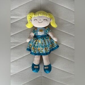 | NWOT | Plush Yellow-Haired Girl Doll with Teal Patterned Dress